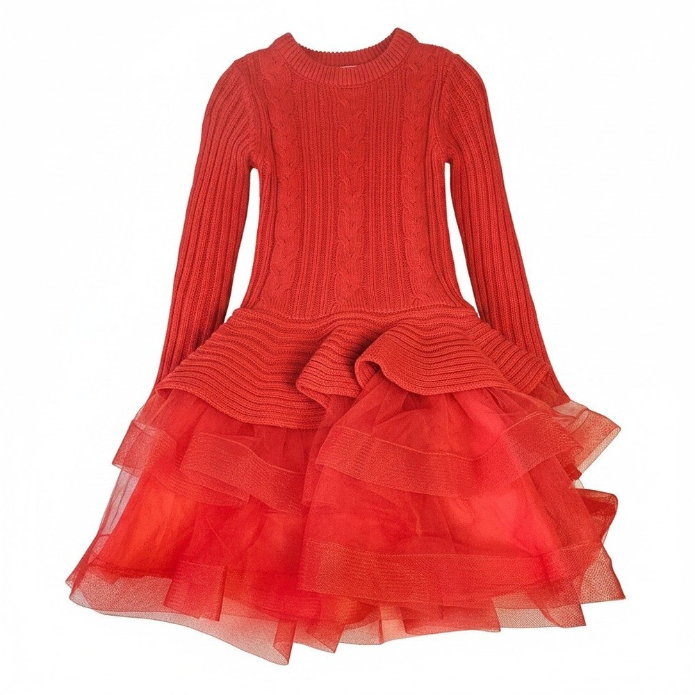 Bonnie Jean Girls Red Cable Knit Tulle Tutu Sweater Dress Size 8 Holiday‎ Party